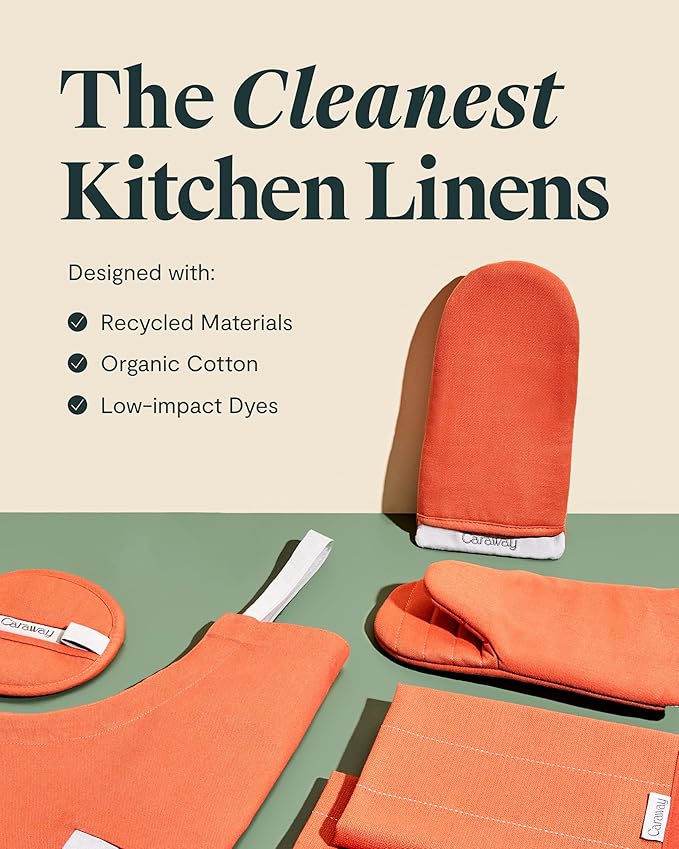 Caraway Linen Set - Apron, Pot Holders, Oven Mitts, & Tea Towels - 100% Organic Cotton - Durable, Machine Washable