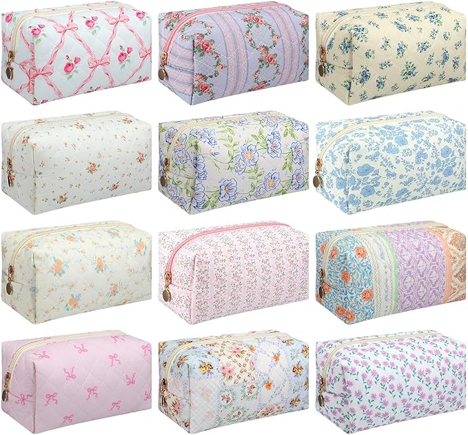 Qinyoung 12 Packs Quilted Makeup Bag Flower Theme Toiletry Cosmetic Bag Aesthetic Makeup Pouch Floral Emergency Kit Pouch for Traveling