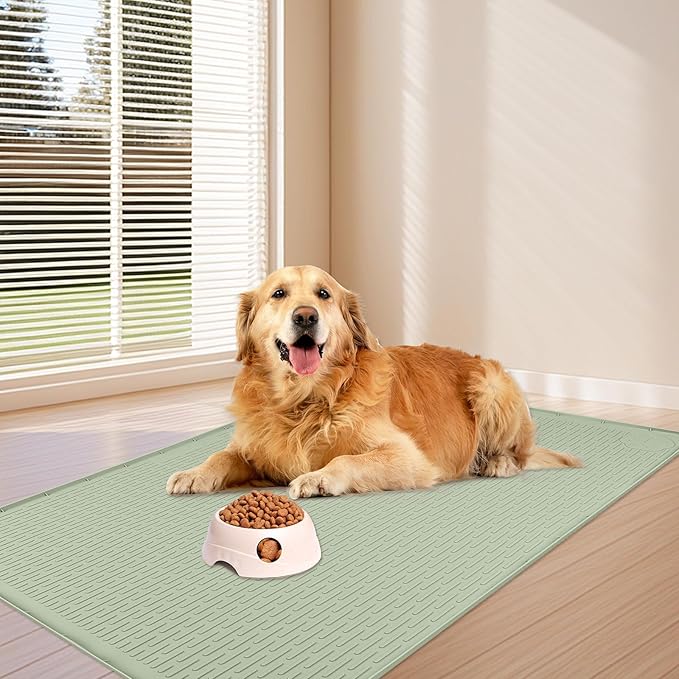 Bartuke Dog Food Mat, Extra Large 57" x 40" Silicone Pet Feeding Mat with Raised Edge Pet Placemat for Small, Medium, and Large Pets Non-Slip, Easy to Clean (Green)