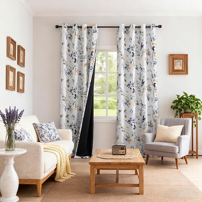 MYSKY HOME 95% Blackout Floral Curtains 95 inch Long 2 Panels for Bedroom Living Room Flower Patterned Room Darkening Thermal Insulated Soundproof Grommet Window Treatments, 52" Wide, Yellow and Blue