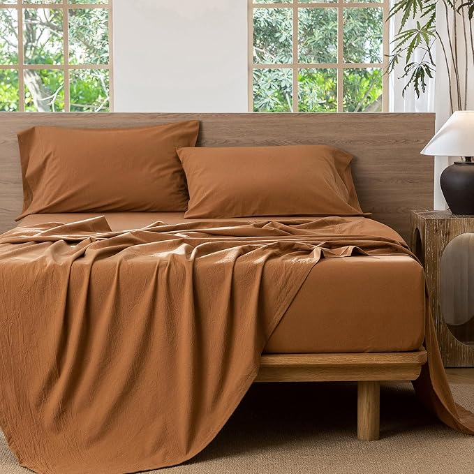 MooMee Bedding Sheet Set 100% Washed Cotton Linen Like Textured Breathable Durable Soft Comfy (Solid Dark Orange, King)
