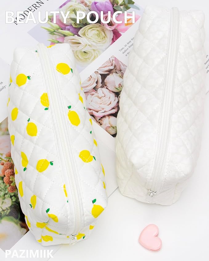PAZIMIIK Vintage Quilted Makeup Bag Cosmetic Pouch for Brushes Pencils and Travel Make Up Accessories for Women and Girls White