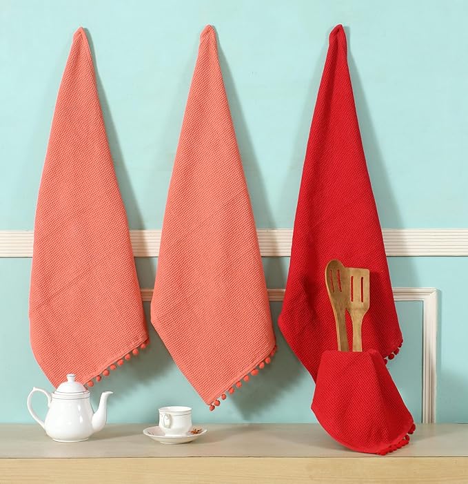 ACCENTHOME 100% Cotton Waffle Weave Kitchen Towel Set of 4 Super Soft Absorbent Christmas Tea Towels Durable Cleaning Dish Cloths for Mess & Quick Drying Dishes Rags 18x26 inches in Red & Coral Color