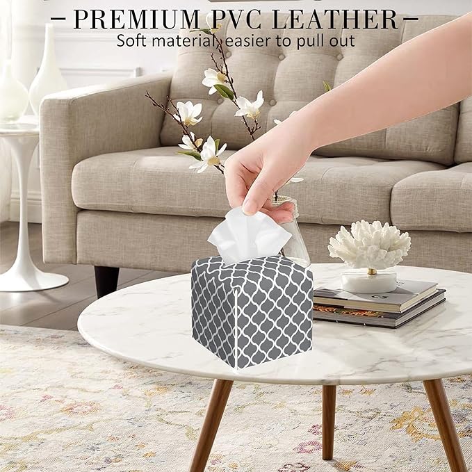 POIUBLE Tissue Box Holder Grey Quatrefoil Tissue Box Cover Square Leather Tissue Holder Organizer Portable Decorative Facial Paper Case for Home Office Bathroom Vanity Countertop