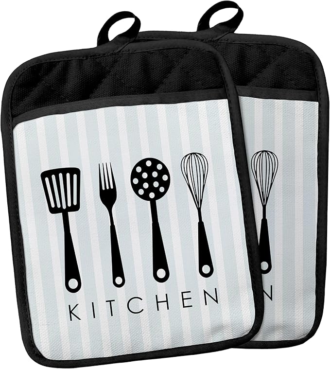 Blue and White Striped Pot Holders with Pockets, Farmhouse Pot Holders Heat Resistant Oven Mitts Hot Pads for Kitchen Baking Cooking,Potholders for Kitchens
