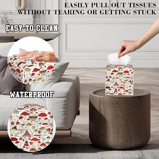 OHEGBXE Tissue Box Holder Cartoon Mushrooms and Field Plants Square Leather Tissue Box Cover Modern Cube Facial Paper Cover Case for Bathroom Vanity Countertop Night Stands Tabletop