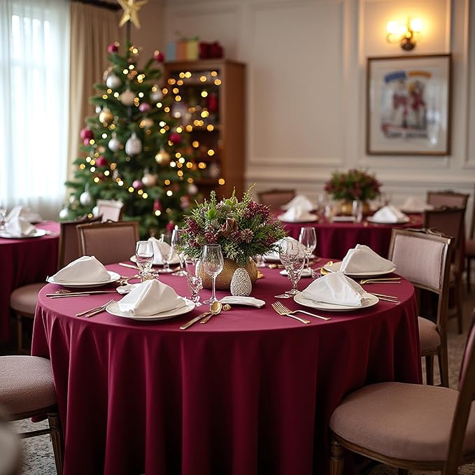sancua 120 Inch Round Tablecloth, 8 Pack Burgundy - Circle Polyester Fabric Table Cloth for Chiristmas Party Reception Banquet Birthday, Washable Formal Table Cover (Fit 48-96 Inch Tables)