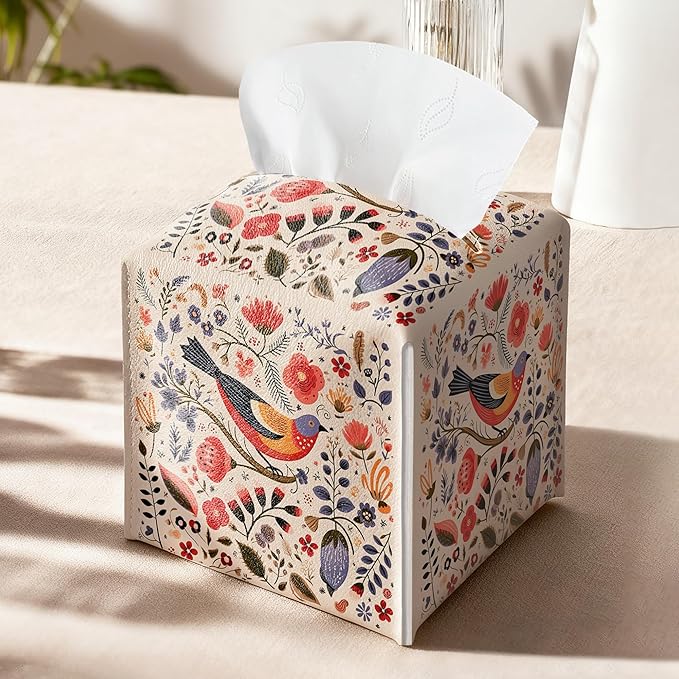 Scandi Bird Tissue Box Holder, Scandinavian Boho Leather Tissue Box Cover Square, Paper Napkins Everyday Dispenser for Bathroom Vanity Countertop Night Stands Kitchen Office Car Home Decor