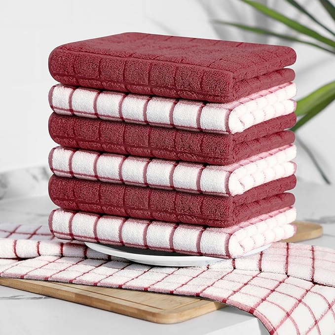 Homaxy Premium Cotton Kitchen Towels 16"x 28", Large Natural Ring Spun 390 GSM Dish Towels, Super Absorbent Terry Kitchen Hand Towels, Soft Tea Towels with Hanging Loop, Red Check Design,8 Pack