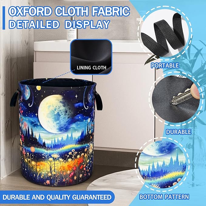 Moon Forest Flowers Laundry Basket Oxford Cloth Beautiful Night Laundry Hamper With Handle Foldable Portable Clothes Storage Basket 18.9 X 16.5 In Storage Bag For Laundry Room/Bathroom/Bedroom