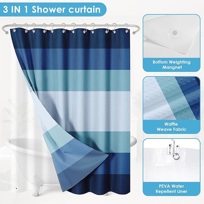 Nesphy Shower Curtain and Liner, Navy and Blue Striped 3 in 1 Shower Curtain and PEVA Liner Set with 12 Rust-Resistant Metal Hooks, Waterproof Fabric Shower Curtains for Bathroom, 72 W x 72 H