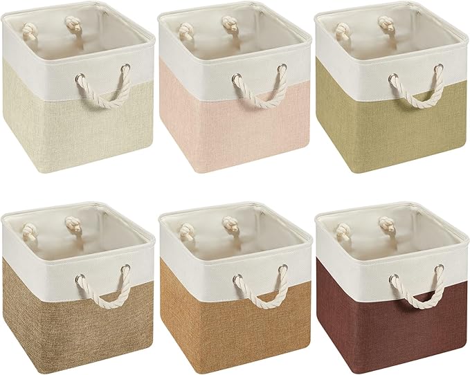Geiserailie 6 Pcs 13 x 13 Inch Cube Storage Bins Fabric Storage Organizer Bins Foldable Cube Baskets with Sturdy Carry Handles Wicker Baskets for Home(Boho Color)