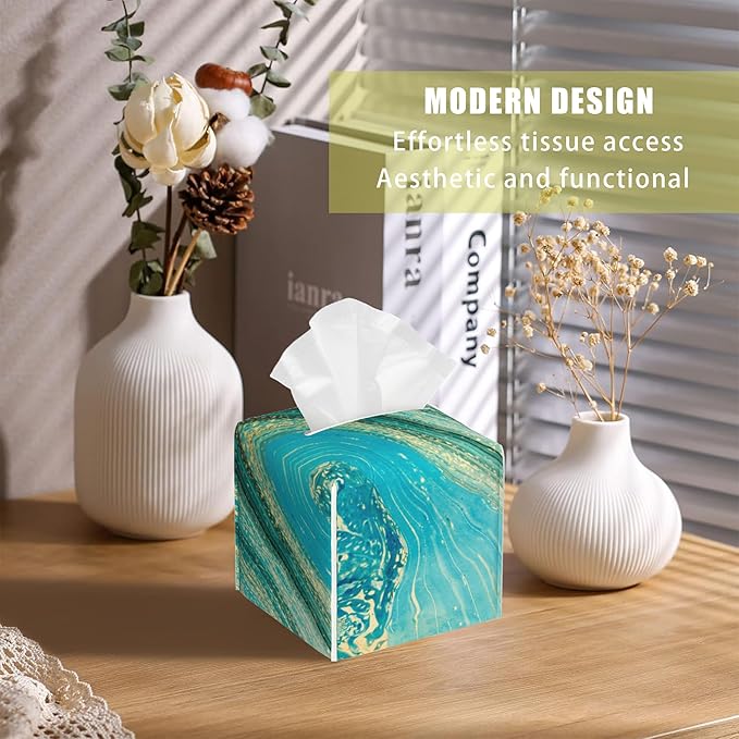 Leather Tissue Box Holder Turquoise and Gold Liquid Marble Tissue Box Cover Facial Paper Case Organizer Cube Napkin Dispenser for Bathroom Vanity Countertop Night Stand Office Car