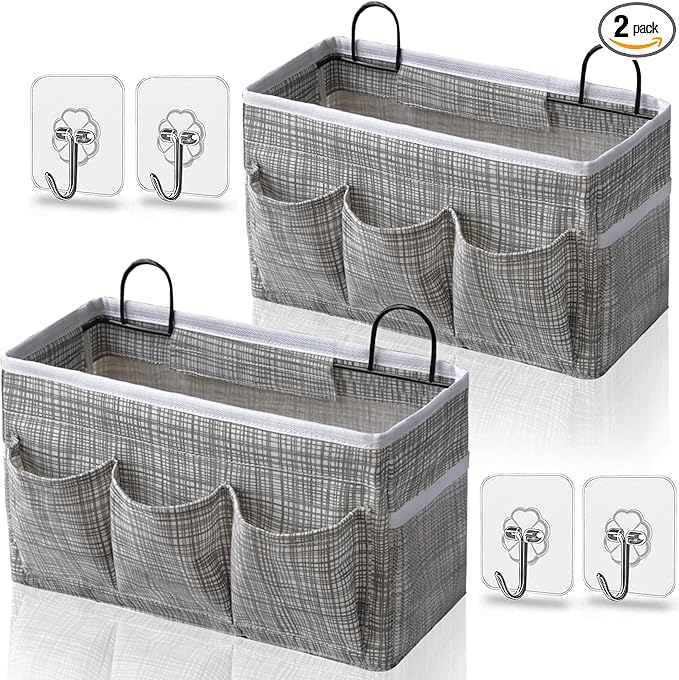 Kanrichu 2pcs 3-pockets Large Wall Hanging Organizer Bag, Linen Fabric Door Hanging Storage Baskets with Pockets, Waterproof Bin for Kitchen, Bedroom, Office, RV Camper (Stripe_2pcs)