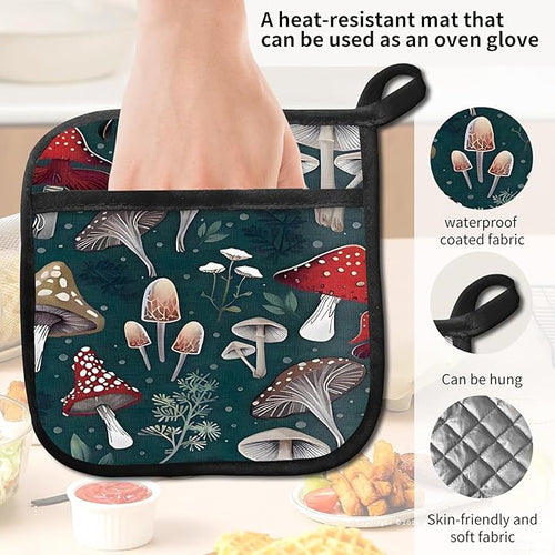 2 Pack Pot Holders for Kitchen Clearance, Cute Hot Pads, Funny Oven Pot Holders, Potholders Sets for Kitchen Heat Resistant Funny Mushrooms