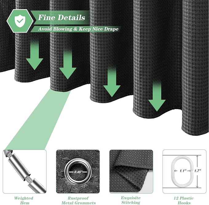 meioro Charcoal Grey Shower Curtain, Waffle Weave 256GSM Heavy Duty Textured Fabric Shower Curtains for Bathroom Hotel Spa, Luxury Weighted Polyester Cloth Bath Curtain Set with 12 Hooks, 72Wx72H