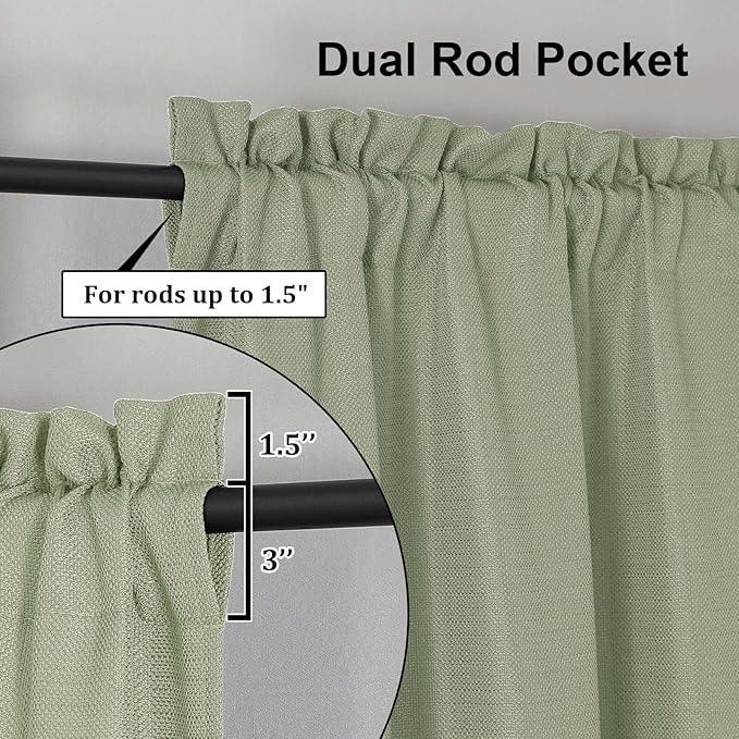 Lecloud Bessie Light Green Kitchen Curtains 24 Inch Length 2 Pcs, Faux Linen Textured Short Curtains for Small Windows, Light Filtering Tiers Window Treatments for Bedroom Bathroom, Each 30 W x 24 L