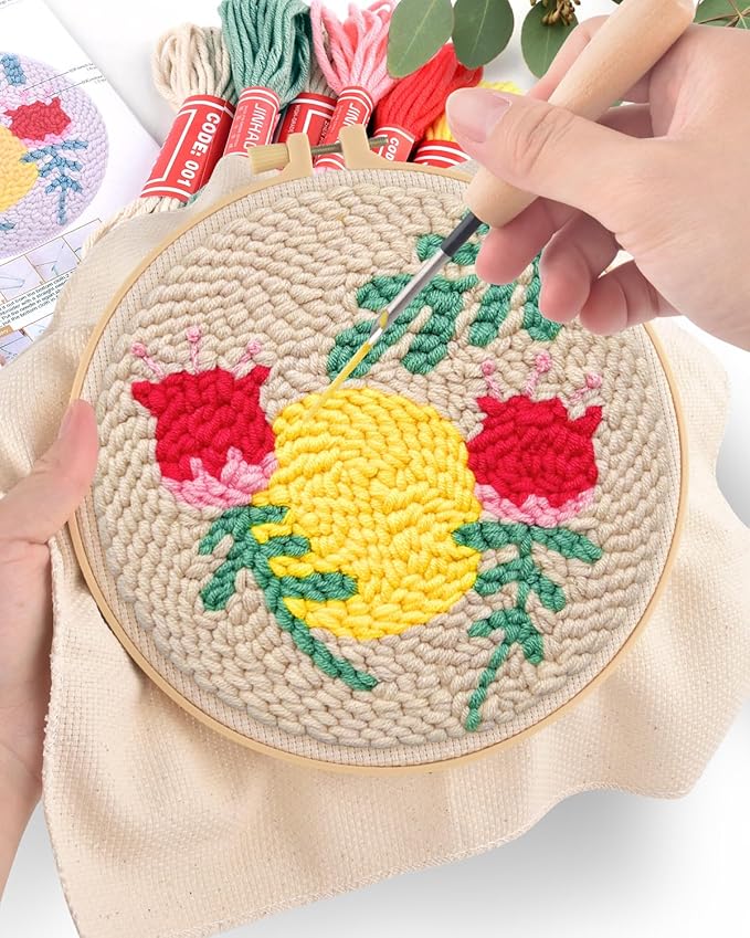 ERKOON Punch Needle Kit Adults Beginners, DIY Easy Floral Embroidery Set for Starter Art Craft, Needling Punch Project with Patterns, Tools, Yarns, Hoop, Instruction (Rose Passing)
