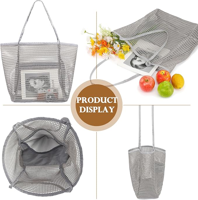 Fammart Mesh Beach Bag, Large Beach Tote with Zipper Pocket for Family Pool Bag for Toys & Vacation Essentials