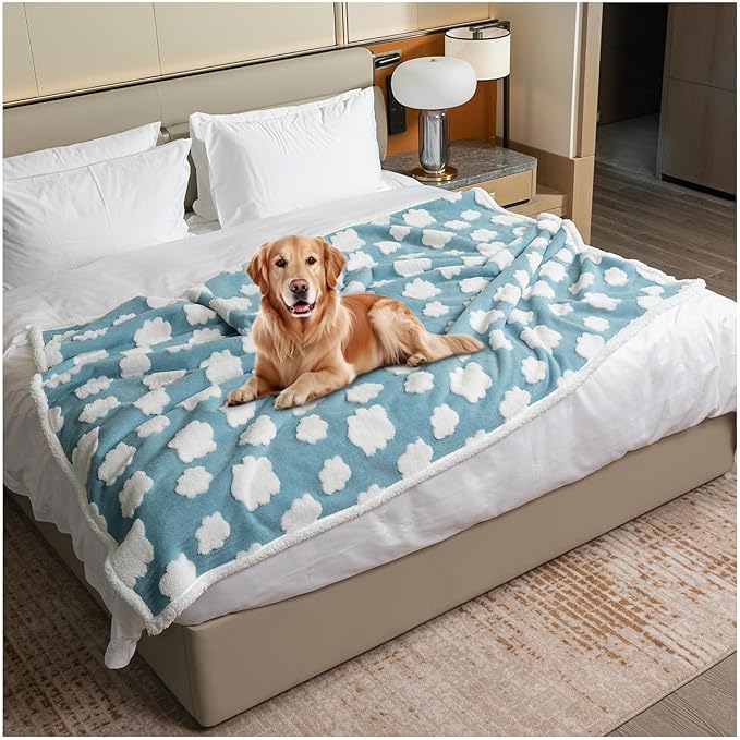 Maidewow Waterproof Pet Blanket for Dogs,Blue Stylish Jacquard Pets Blankets for Cat 85x85in Bed Couch Covers Puppy Sharpa Fleece Cats Washable Reversible Furniture Protection (Blue Cloud,XXL)