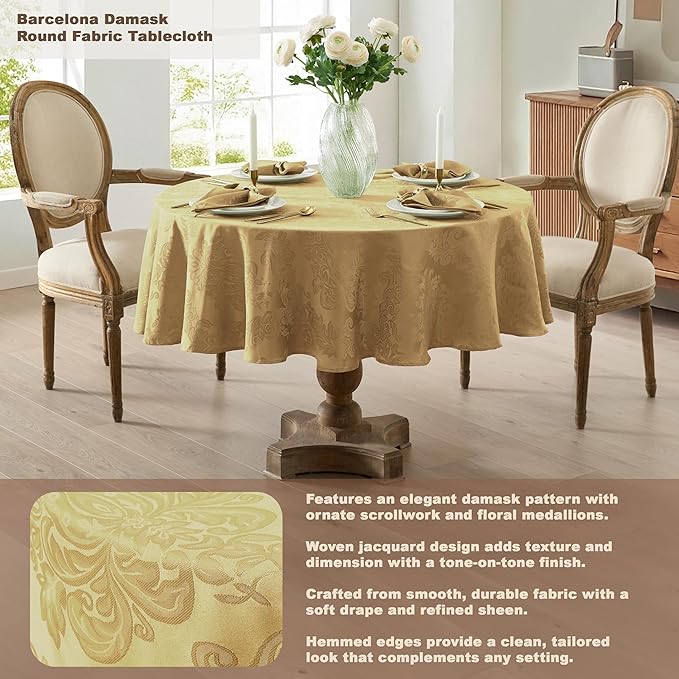 Newbridge Barcelona Damask Fabric Tablecloth, 90 Inch Round, Gold – No Iron, Soil Resistant Table Cover for Dining, Parties and Holidays