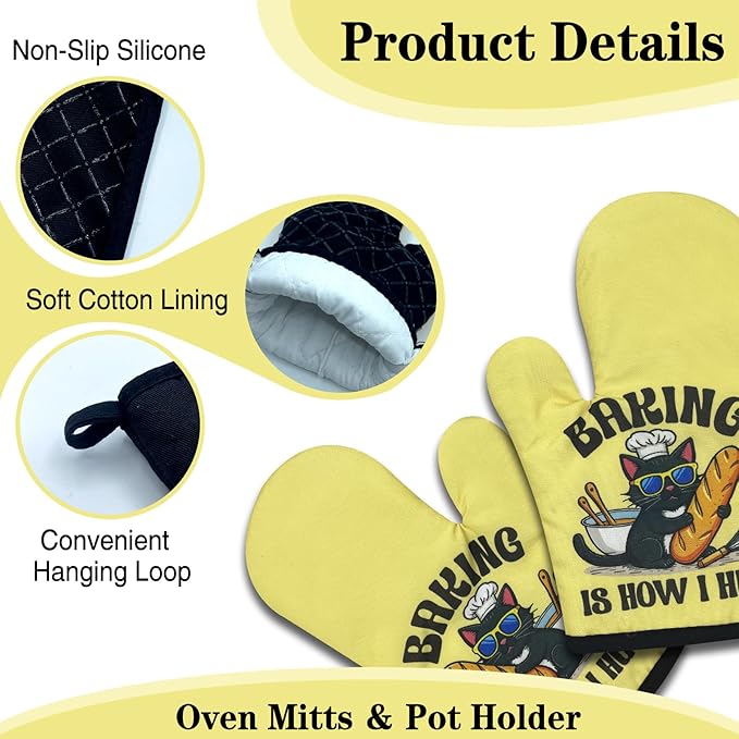 2 Pack Funny Black Cat Oven Mitts, Baking is How I Hug, Heat Resistant Silicone Non-Slip Mitts, Kitchen Baking Gifts for Cat Lovers, Sweet Housewarming Gifts for Hostess Chef Baker Friend