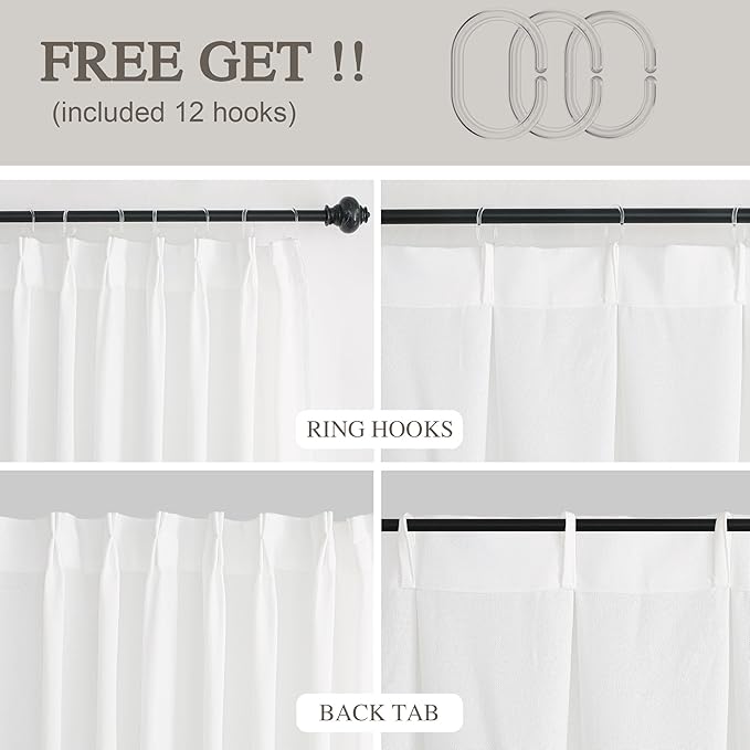 HIG White Linen-Like Pinch Pleated Shower Curtain, 72 Inch Wide, Fabric Bathroom Curtain with Memory Shape, Modern Neutral Solid Color, Machine Washable Privacy Cloth Curtain for All Season Use