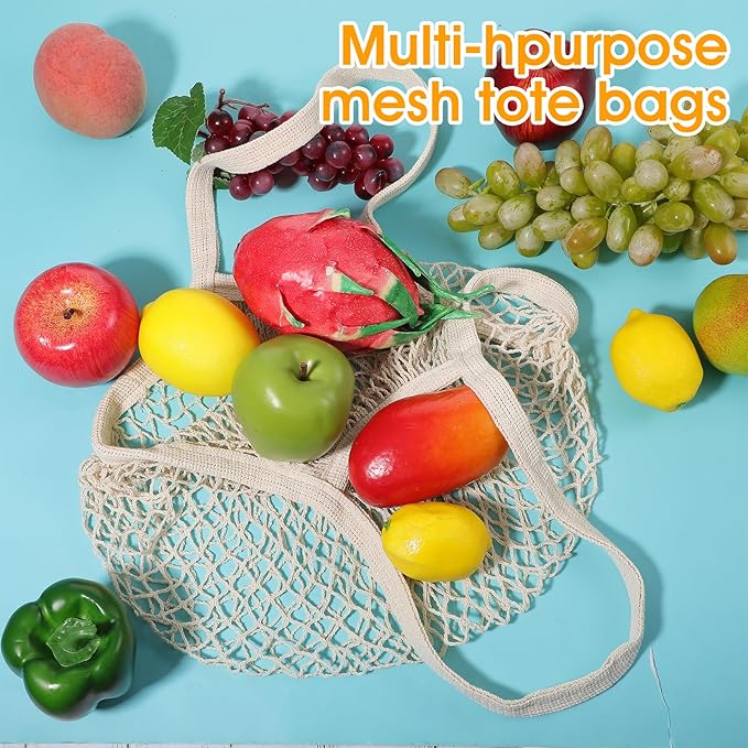 Nodaaiie 12 Pack Reusable Cotton Mesh Grocery Bags Farmers Market Bag Eco-Friendly Washable Net Tote Bag with Long Handles for Fruits, Vegetables, Shopping, and Beach (Beige, 23.6"×14")