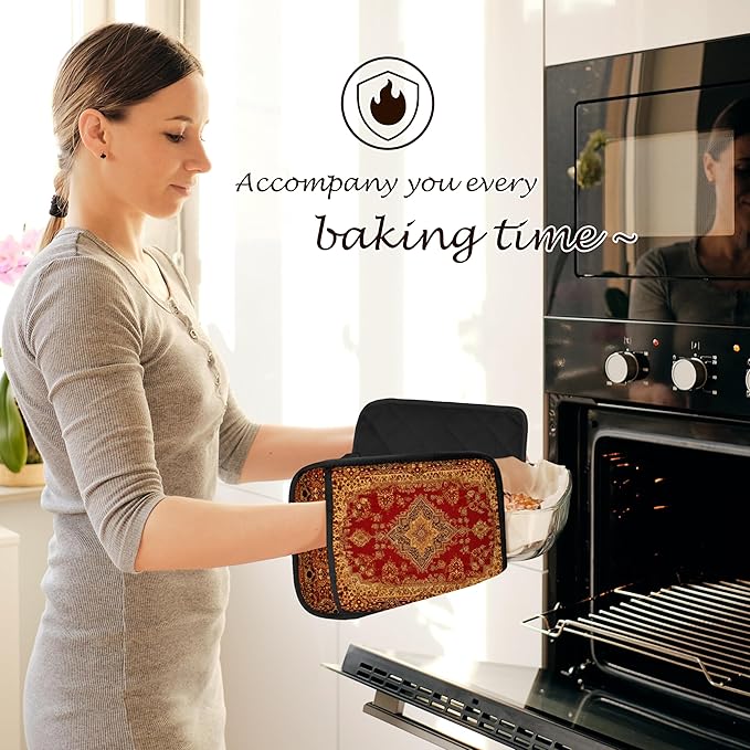 Boho Vintage Oriental Floral Pot Holders 2 Pack Set, Red and Gold Antique Rustic Flower Heat Resistant Oven Hot Pads for Kitchen Countertop Baking，066 Potholder