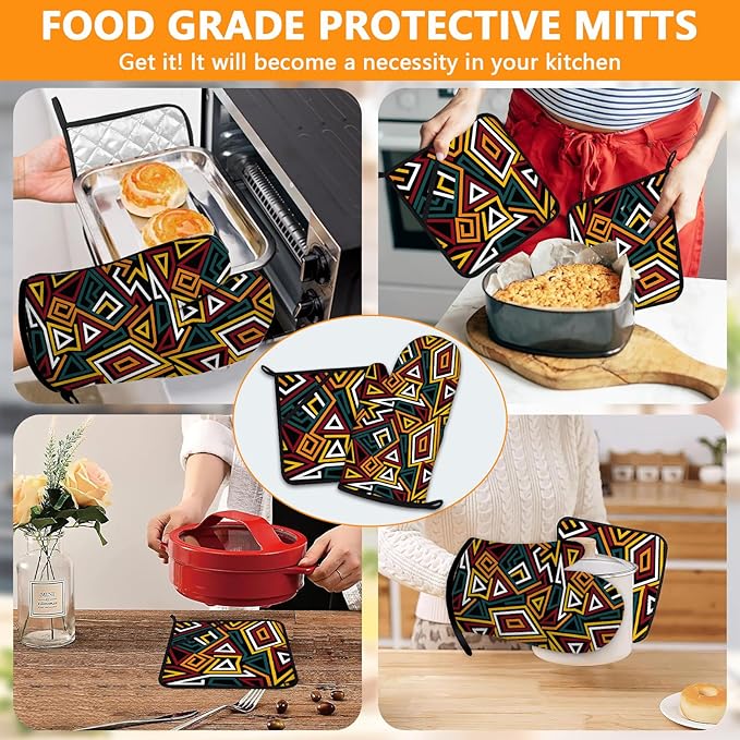 African Geometric Oven Mitts and Pot Holders Sets 4Pcs,Extra Long Oven Gloves Potholder for Kitchen Cooking Baking BBQ 100% Cotton Heat Resistant