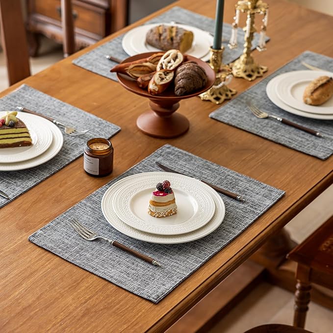 KXN Placemats Set of 6, Dual-Layer Thickened Faux Linen Table Mats, Heat Resistant & Wrinkle-Free, Machine Washable Cloth Place Mats for Kitchen Dining Indoor Outdoor (Light Gray)