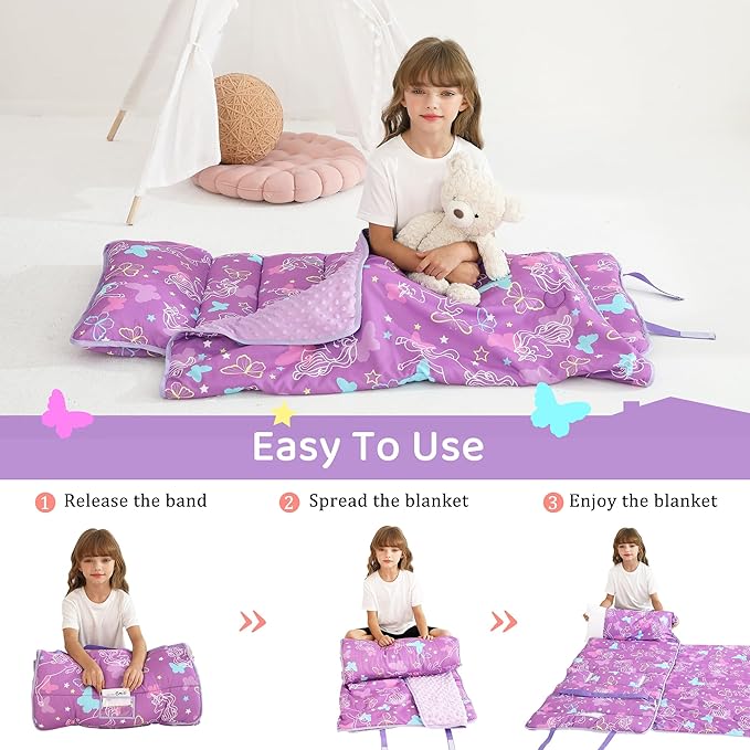 Toddler Nap Mat for Preschool 50''x30'' Sleeping Mat with Removable Pillow and Minky Blanket for Kids Ages 3-7 Roll Up Soft Sleeping Bag for Boys Girls Kindergarten Daycare Sleepover