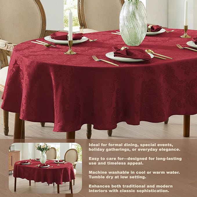Newbridge Barcelona Damask Fabric Tablecloth, 60 x 84 Inch Oval, Burgundy – No Iron, Soil Resistant Table Cover for Dining, Parties and Holidays