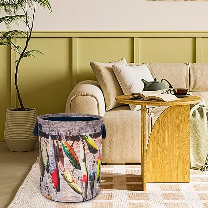 Fishing Laundry Basket Funny Fish Foldable Waterproof Oxford Cloth Tote Bag Laundry Hamper Round Large Clothes Storage Bucket Toy Organizer For Bathroom/Laundry Storage/Bedroom 18.9x16.5 Inch