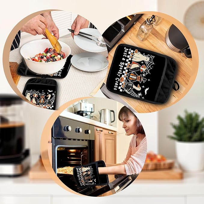 Spooky Halloween Goose Pot Holders with Pockets, Trendy Funny Ghost Pumpkin Goose Halloween Oven Pot Holders Heat Resistant Oven Mitts Hot Pads for Kitchen Baking Cooking