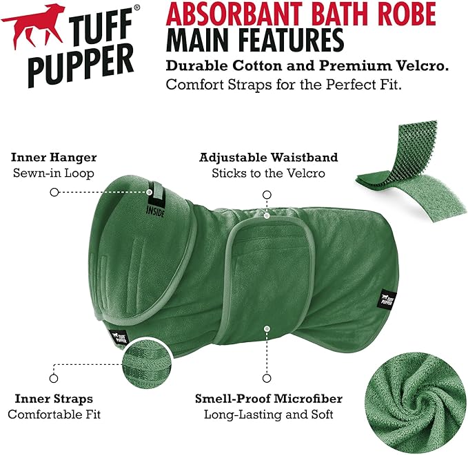 Tuff Pupper Fast Drying Dog Bath Robe | 800 GSM Plush Dog Towel Bathrobe/Dressing Gown | Super Absorbent Pet/Puppy Bathrobe | Adjustable Hood & Belly Strap | Super Soft | Fast Drying (XS, Green)