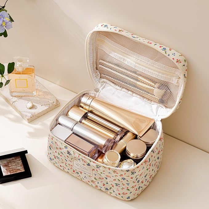 HBselect Christmas Gifts Large Quilted Makeup Bag, Cute Cotton Travel Makeup Bag with Handle, Portable Coquette Floral Make up Bags, Toiletry Organizer Make up Bags for Women Teen Girls Mom