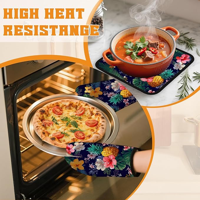 Palm Leaf Tropical Oven Mitts and Pot Holders,Pineapple Hibiscus Heat Resistant Oven Mitts Gloves and Pot Holder for Home Kitchen Decorations Cooking Baking BBQ Gifts,Set of 4