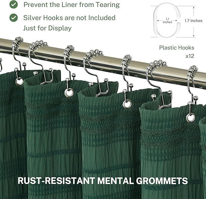 Siiluminisoy Extra Long Dark Green Boho Shower Curtain 72 x84 Cotton Blend Tufted Fabric Waffle Textured Farmhouse Shabby Chic Rustic Minimalist Striped for Bathroom, Hotel