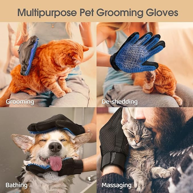 Efficient Pet Grooming Glove - Gentle Shedding Brush for Dogs, Cats, Horses, & more with Long & Short Hair - 1 Pair (Pink)