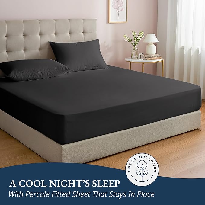 LANE LINEN Twin Fitted Sheets, 100% Organic Cotton 2-Piece Set (1 Fitted Sheet, 1 Pillowcase), Percale Weave, Bottom Sheet, Soft, Breathable, Fits Mattress Upto 15' Deep - Black (No Flat Sheet)