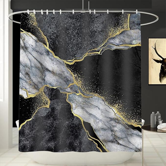Domoku Marble Waterproof Shower Curtain with Hooks, Machine Washable Easy-Care Fabric Bathroom Curtain for Tub or Shower (Black, 72" W x84 L)