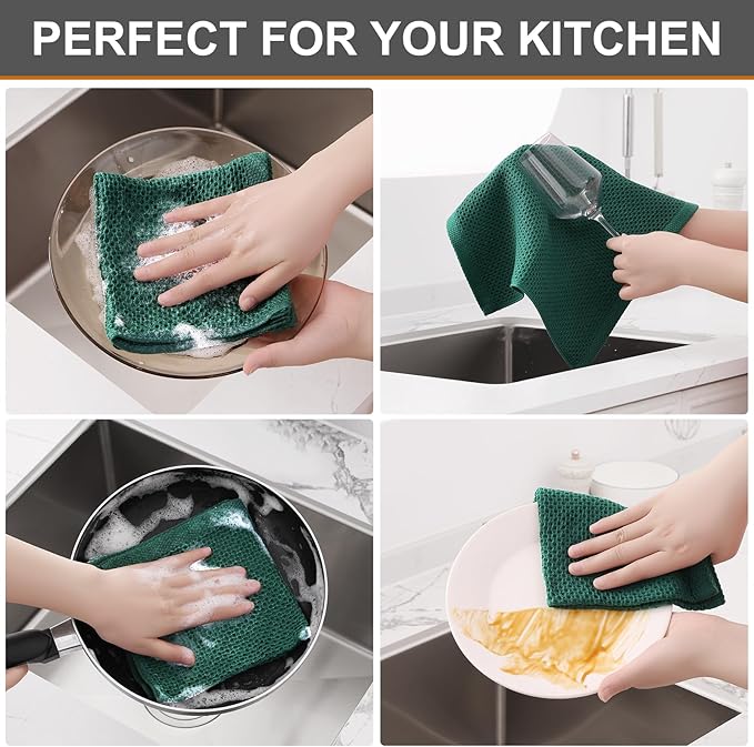 Kitinjoy 100% Cotton Kitchen Dish Cloths, 12 Pack Waffle Weave Ultra Soft Absorbent Dish Towels for Drying Dishes Quick Drying Kitchen Towels Dish Rags, 12 X 12Inch, Dark Green