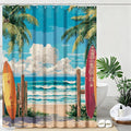 mutakin Coastal Surfboard Shower Curtain Tropical Palm Tree Shower Curtains for Bathroom Waterproof Fabric Bath Curtain Decor with Hooks
