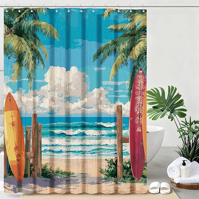 mutakin Coastal Surfboard Shower Curtain Tropical Palm Tree Shower Curtains for Bathroom Waterproof Fabric Bath Curtain Decor with Hooks