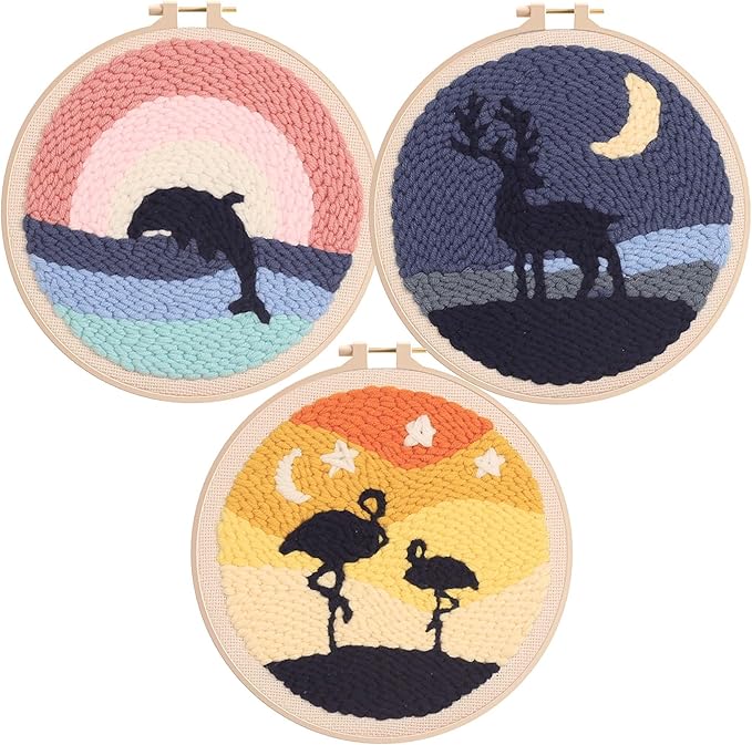 Allazone 3 Set Punch Needle Kits, 20cm Embroidery Starter Kits with Flamingos, Elk, Whales Pattern, Punch Needle Tool Threader Fabric Embroidery Hoop, Yarn for Crafts, Home Decor