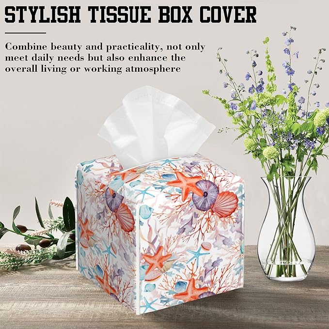 OHEGBXE Watercolor Seashell Tissue Box Holder Corals and Starfishes Square Leather Tissue Box Cover Modern Cube Facial Paper Cover Case for Bathroom Vanity Countertop Night Stands Tabletop
