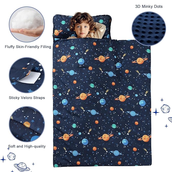 PHF Toddler Nap Mat with Removable Pillow and Minky Fleece Blanket, Rollup Design Warm Slumber Bags for Boys, 52"x20"x2" Kids Sleeping Bag for Daycare Preschool Travel Camping, Space