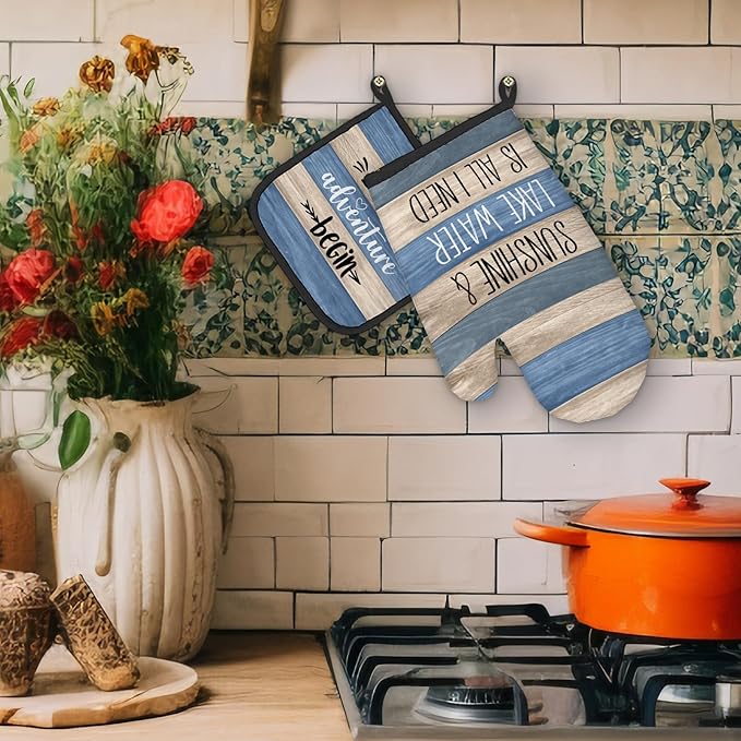 Lake Gifts Oven Mitts and Pot Holders Sets, Lake Lovers House Gifts Kitchen Accessories Sets Decor, Rustic Sunshine Lake Water is All I Need Heat Resistant Oven Glove Potholders for Kitchen