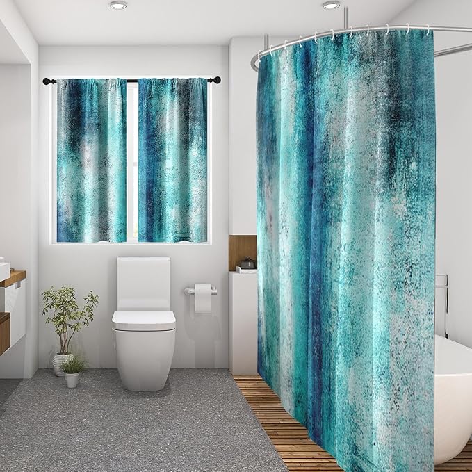Culudea Turquoise Teal Grey Gray Waffle Textured Cloth Shower Curtain Set, Painting Abstract Modern Art Bathroom Window Waterproof Shower Curtains for Bathroom Decor